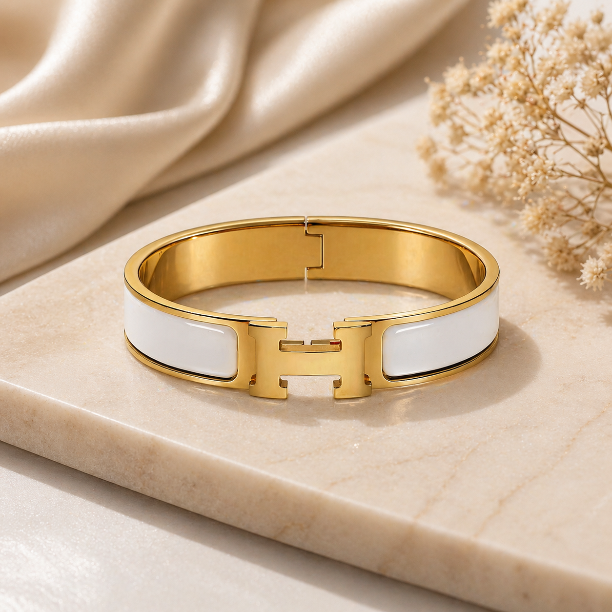 Hierarchy – White Enamel Hinged Bangle | Gold Plated Bracelet