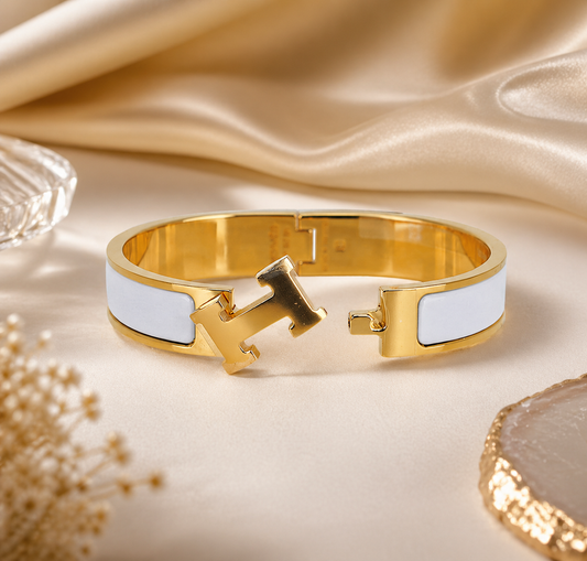 Hierarchy – White Enamel Hinged Bangle | Gold Plated Bracelet