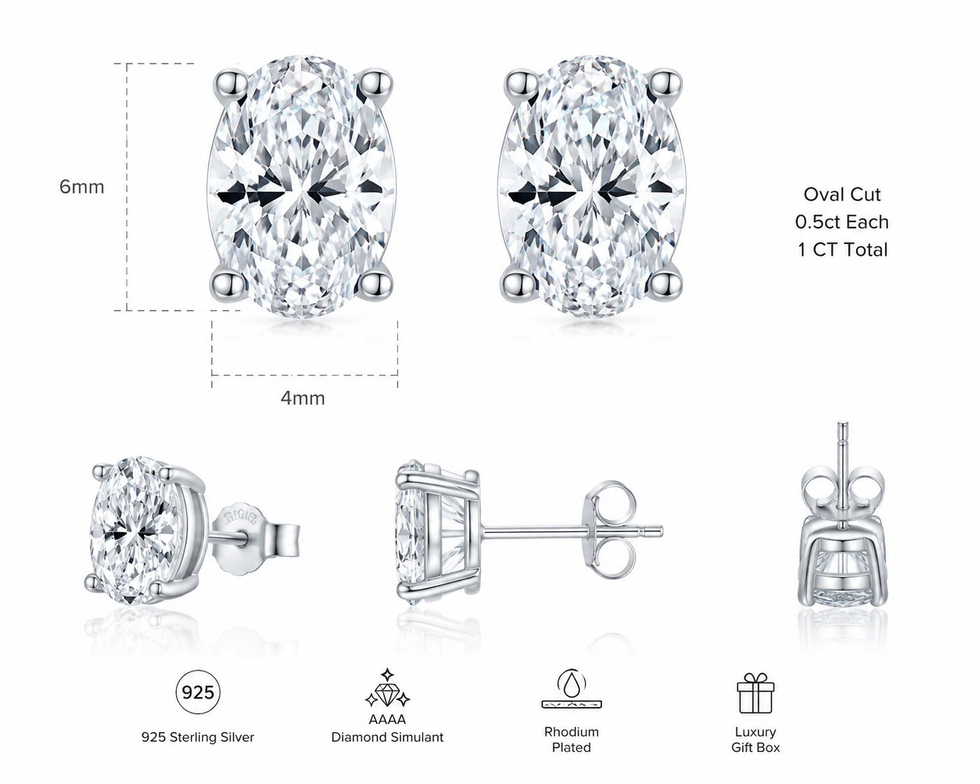 Oval Diamond Simulant Studs – 1 Carat