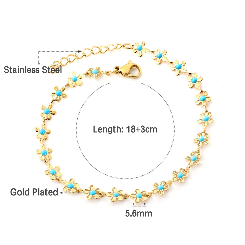 Introducing our Azure Bloom Bracelet, a captivating blend of modern aesthetics and timeless charm. This exquisite piece is meticulously crafted from high-quality stainless steel, accentuated by a layer of lustrous 18K Gold plating. The result is a stunning accessory that seamlessly combines durability with an elegant touch.