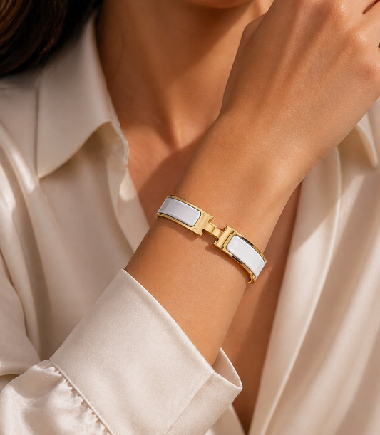 Hierarchy – White Enamel Hinged Bangle | Gold Plated Bracelet