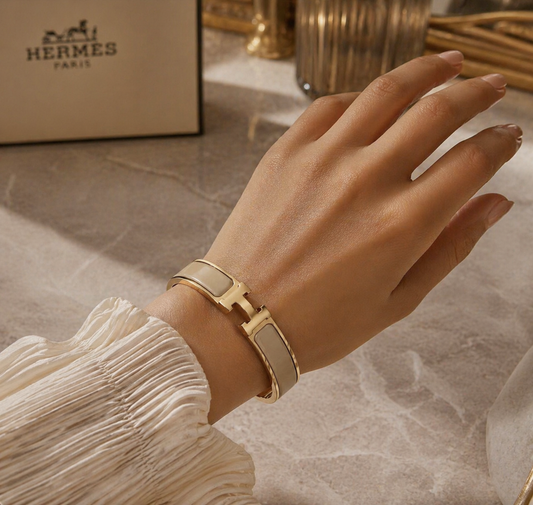 Hierarchy – Nude Enamel Hinged Bangle | Gold Plated Bracelet