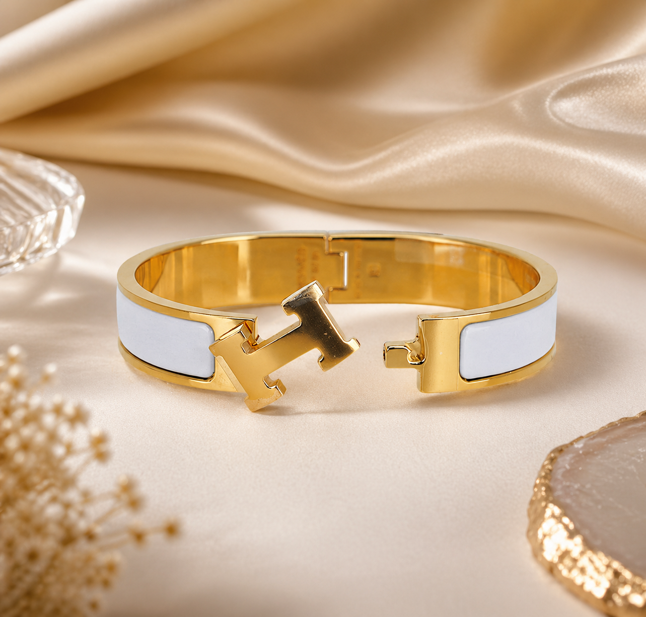 Hierarchy – White Enamel Hinged Bangle | Gold Plated Bracelet