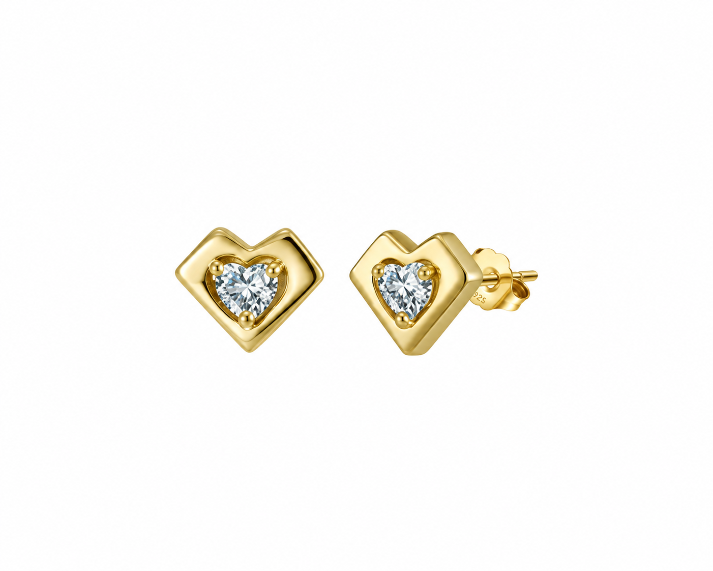 14K Gold Heart Solitaire Stud Earrings With Diamond Simulants