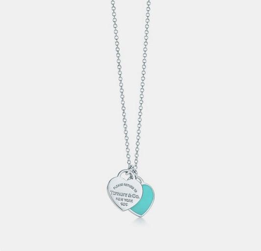 Blue Heart Tag Bead Necklace In Silver