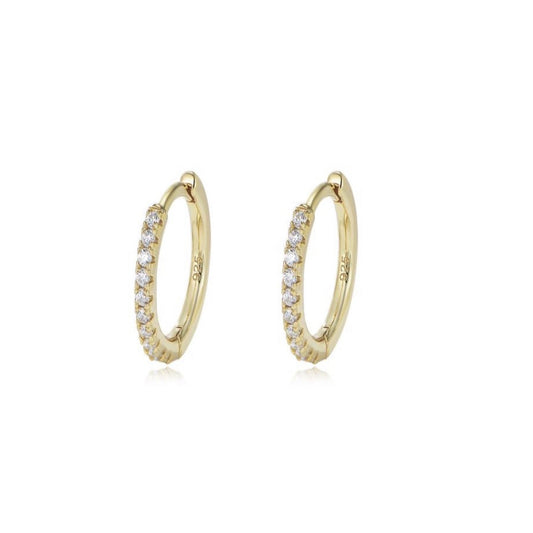 Gold hoop earrings with embedded stones on a white background