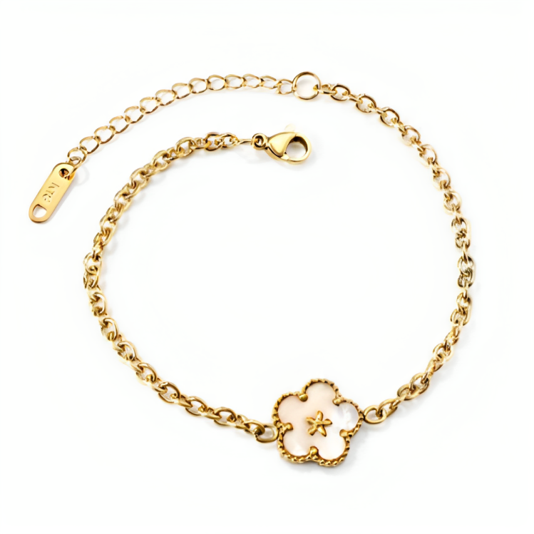 Meet our Alpine Roselet Bracelet – where the purity of a white rose dances on stainless steel, taking a luxurious dip in 18k gold. At 18 cm, it's not just a bracelet; it's a garden of elegance for your wrist, with an extra 5 cm extension for those days when your style blooms a little taller!