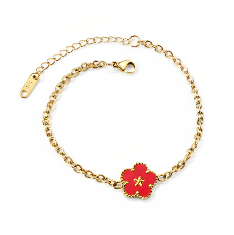 Unleash your inner romantic with our Scarlet Petal Bracelet – a dazzling dance of red roses on a bed of stainless steel, dipped in the pure magic of 18k gold. At 18 cm, it's the perfect length for wrist enchantment, with an extra 5 cm extension for those moments when you need a little extra flair!