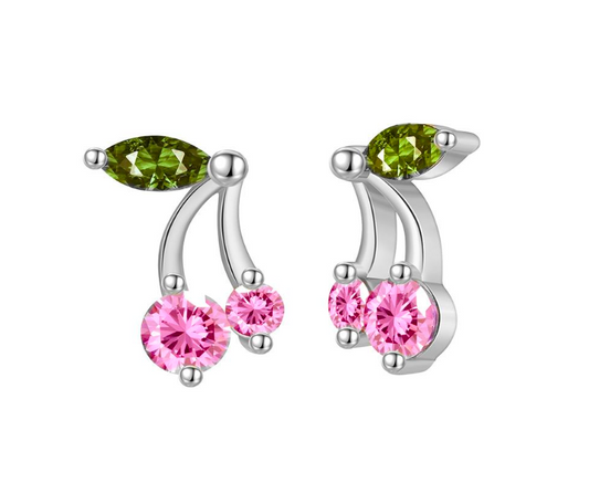 Sweet Cherry Stud Earrings - Rhodium Plated