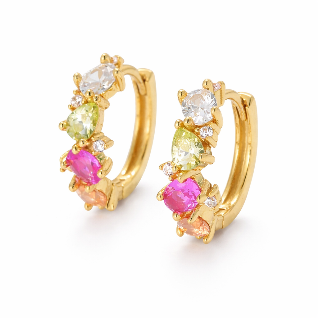 Small hoop earring design
• 925 sterling silver base
• 18K gold PVD plating for long-lasting shine
• Multi-coloured diamond simulants (white, yellow, orange &amp; pink)