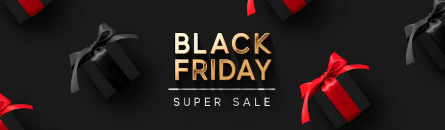 Black Friday sale banner with black and red gift boxes on a dark background