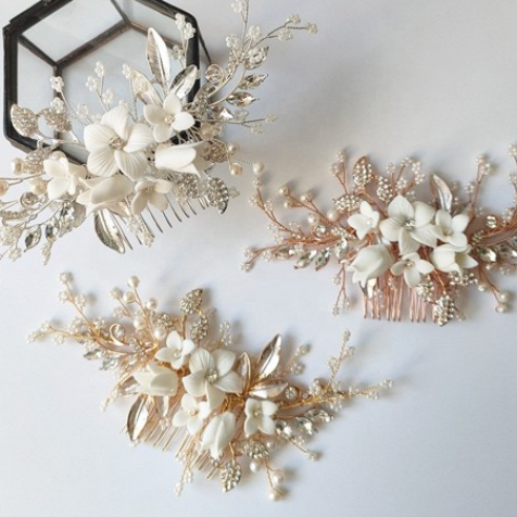 Porcelain flowers with Crystals & Pearls - Silver